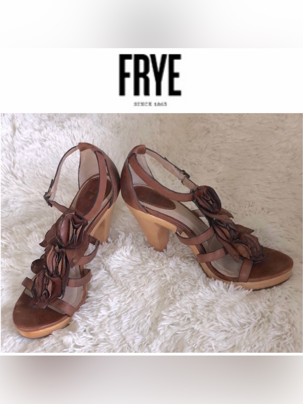 Frye Janna Flower T Cognac Leather Sandals Wood Heel Platform Size 8M